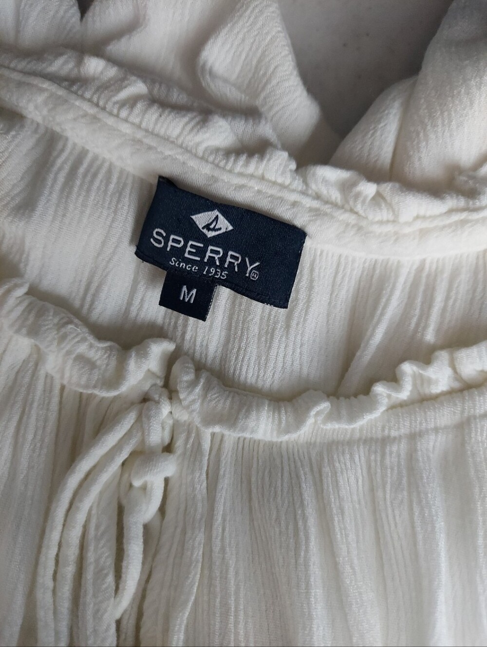 Sperry Boho Mini Dress Women's Medium Crinkled Gauze Eyelet Lace Tiered Festival - Picture 10 of 12